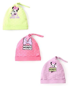 Babyhug Disney Interlock Knit Cap with Minnie Mouse Graphics Pack of 3 -  Pink Purple & Green