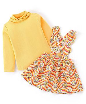 Babyhug Cotton Knit Full Sleeves Top & Floral Printed Skirt With Suspender - Yellow