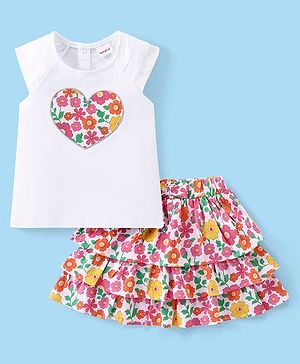 Babyhug Cotton Knit Cap Sleeves Top & Layered Skirt With Floral Print - White
