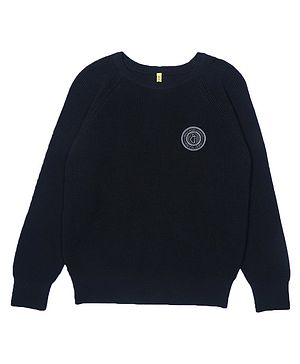 GINI & JONY Woven Full Raglan Sleeves Pullover Sweater With Solid Colour & Patch Detailing - Black