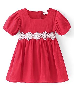Babyhug Cotton Knit Half Sleeves Solid Color Frock with Floral Lace Detailing - Red