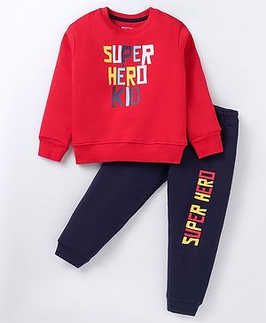 Bodycare Fleece Knit Full Sleeves T-Shirt & Lounge Pants Set With Text Print - Red & Navy