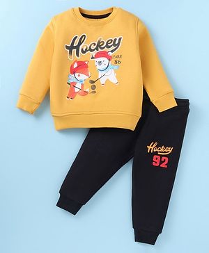 Bodycare Fleece Knit Full Sleeves Winter Wear Suit With Animals Print - Mustard & Black