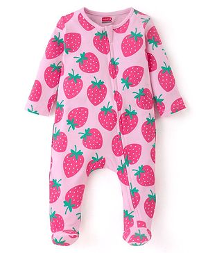 Babyhug Cotton Knit Full Sleeves Sleep Suit With Strawberry Print - Pink