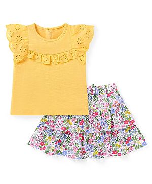 Babyhug Single Jersey Knit Half Sleeves Solid Colour Frill  Detailed Top & Mid Thigh Length Floral Printed Layered Skirt - Yellow