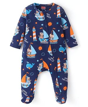 Babyhug Cotton Knit Full Sleeves Sleep Suit With Nautical Theme Print - Navy