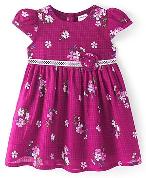 Babyhug Cotton Knit Cap Sleeves Checkered Frock With Floral Print & Applique - Dark Pink