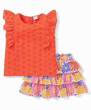 Babyhug Single Jersey Knit Frill Sleeves Schiffli Top & Floral Printed Layered Skirt Set - Orange & White