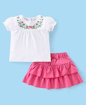 Babyhug Cotton Knit Half Sleeves Top & Layered Skirt Set With Floral Embroidery - White & Dark Pink