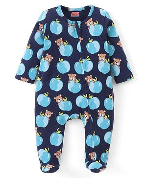 Babyhug Cotton Knit Full Sleeves Printed Sleep Suit - Navy