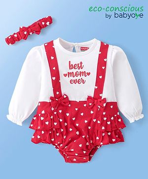 Babyhug 100% Cotton Knit Full Sleeves Text & Hear Printed Frill Detailing Onesie with Headband - Red