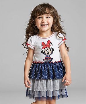 Babyhug Disney Single Jersey Knit Half Sleeves Tiered Frock With Minnie Mouse Graphics & Mesh Detailing - Blue & White