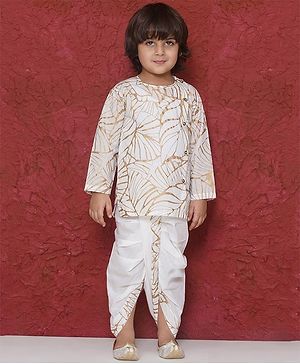 AJ Dezines Cotton Full Sleeves Leaves Printed Kurta Dhoti Set - White