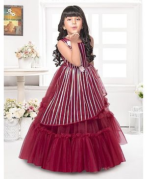 Betty By Tiny Kingdom Net  Sleevless Striped & Floral Embellished Party  Gown - Maroon