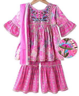 Teentaare Cotton Woven Three Fourth Sleeves Kurta & Gharara Set with Dupatta Floral Print & Embroidery - Pink