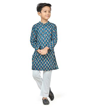 Teentaare Cotton Full Sleeves Kurta Pyjama Set with Floral Print - Dark Blue