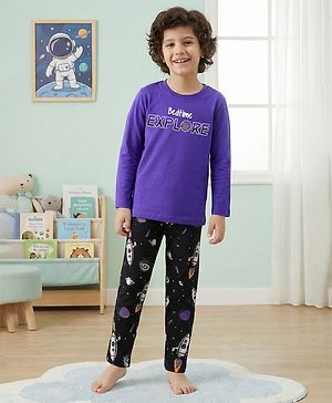 Pine Kids Single Jersey Knit Full Sleeves Night Suit with Space Theme Print - Purple & Black