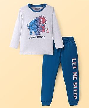 Pine Kids Single Jersey Knit Full Sleeves Night Suit with Dino Print - Navy Blue & Grey