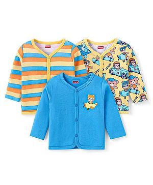 Babyhug 100% Cotton Antibacterial Front Open Vest With Prints Pack of 3 - Blue & Yellow