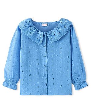 Babyhug Woven Full Sleeves Peter Pan Collar Top with Schifli Detailing - Blue