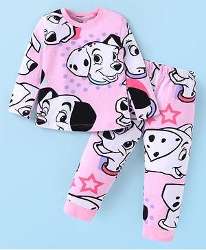 Babyhug Disney Single Jersey Knit Full Sleeves Night Suit with 101 Dalmatians Print - Pink
