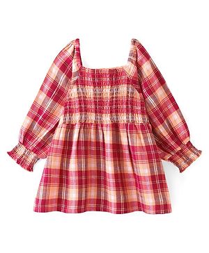 Babyhug Woven Full Sleeves Checks Top With Smocking Detailing - Maroon