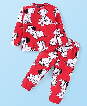 Babyhug Disney Single Jersey Knit Full Sleeves Night Suit with 101 Dalmatians Print - Red
