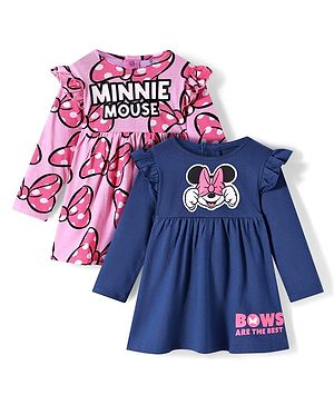 Babyhug Disney Single Jersey Knit Full Sleeves Frocks With Minnie Mouse Graphics & Frill Detailing Pack of 2 - Pink & Navy Blue