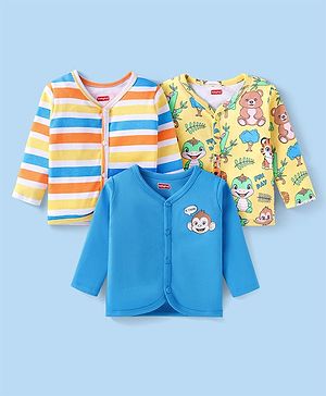 Babyhug 100% Cotton Antibacterial Front Open Vests Animal Print Pack of 3 - Blue & Yellow
