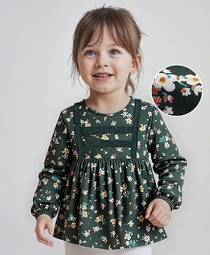 Babyhug Rayon Woven Full Sleeves Top With Floral Print & Lace Detailing - Dark Green
