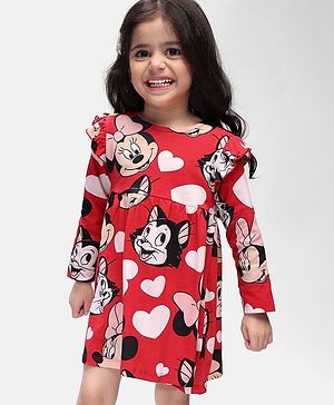 Babyhug Disney Single Jersey Knit Full Sleeves Frock With Minnie Mouse Graphics & Bloomer - Red