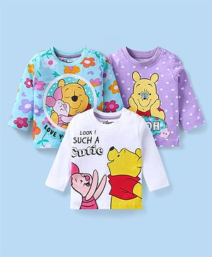 Babyhug Disney Single Jersey Full Sleeves T-Shirts With Winnie The Pooh Graphics Pack Of 3 - Light Blue Purple White