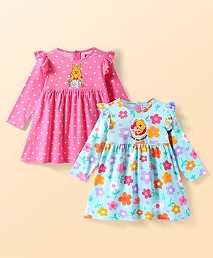 Babyhug Disney Single Jersey Knit Full Sleeves Frock With Winnie The Pooh Graphics & Frill Detailing Pack of 2 - Dark Pink & Light Blue