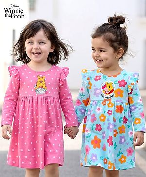 Babyhug Disney Single Jersey Knit Full Sleeves Frock With Winnie The Pooh Graphics & Frill Detailing Pack of 2 - Dark Pink & Light Blue