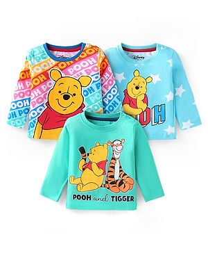 Babyhug Disney Single Jersey Knit Full Sleeves T-Shirts With Winnie The Pooh Graphics Pack of 3 - Light Blue & Green