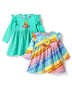 Babyhug Single Jersey Knit Full Sleeves Frocks With Winnie The Pooh Graphics & Frill Detailing Pack of 2 - Sea Green & Blue