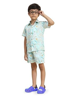 FUNNY BONES Linen Half Sleeves Waterlife Printed Coordinating Set - Sky Blue