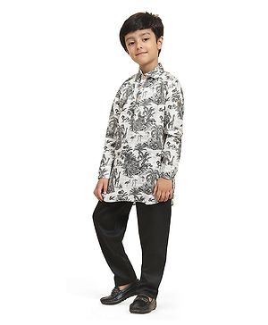 FUNNY BONES Linen Full Sleeves Wildlife Printed Kurta Pyjama Set - Grey