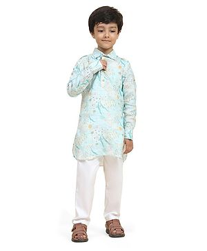 FUNNY BONES Linen Blend Full Sleeves Sea Life Printed Kurta Pyjama Set - Blue