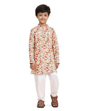 FUNNY BONES Linen Blend Full Sleeves Snail & Mushroom Printed Kurta Pyjama Set - Multi Colour