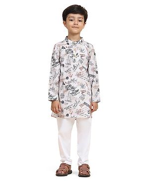 FUNNY BONES Linen Blend Full Sleeves Boat & Text Printed Kurta Pyjama Set - Grey