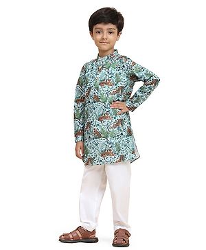 FUNNY BONES Linen Blend Full Sleeves Tiger & Leaves Printed Kurta Pyjama Set - Sea Green