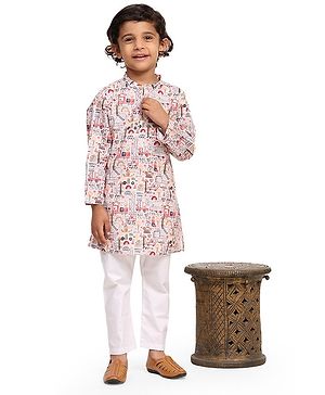 FUNNY BONES Linen Blend Full Sleeves Vehicles Printed Kurta Pyjama Set - Multi Colour