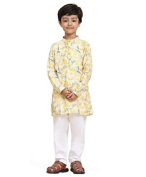 FUNNY BONES Linen Blend Full Sleeves Lemon Printed Kurta Pyjama Set - Yellow