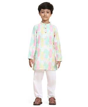 FUNNY BONES Linen Blend Full Sleeves Pineapple Printed Kurta Pyjama Set - Blue