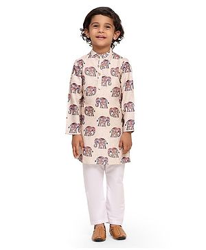 FUNNY BONES Linen Blend Full Sleeves Royal Elephant Printed Kurta Pyjama Set - Beige