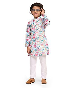 FUNNY BONES Linen Blend Full Sleeves Animals Printed Kurta Pyjama Set - Blue