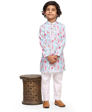 FUNNY BONES Linen Blend Full Sleeves Striped & Ice Cream Printed Kurta Pyjama Set - Sky Blue