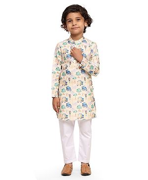 FUNNY BONES Linen Blend Full Sleeves Vehicles Printed Kurta Pyjama Set - Lime Yellow