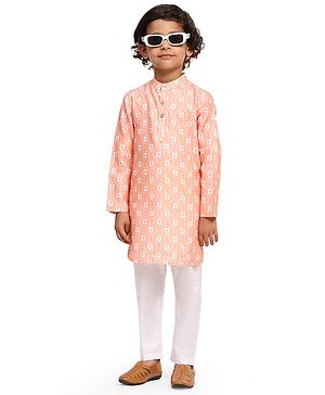 FUNNY BONES Linen Blend Full Sleeves Floral Motif Printed Kurta Pyjama Set - Orange